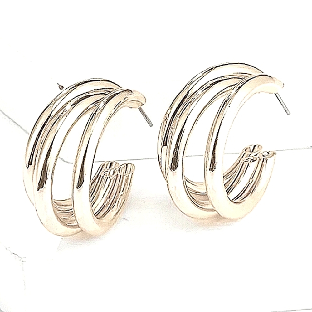 Silver Tri Hoop Earrings For Pierced Ears NEW Fashion Jewelry. 1 1/4"in Diameter